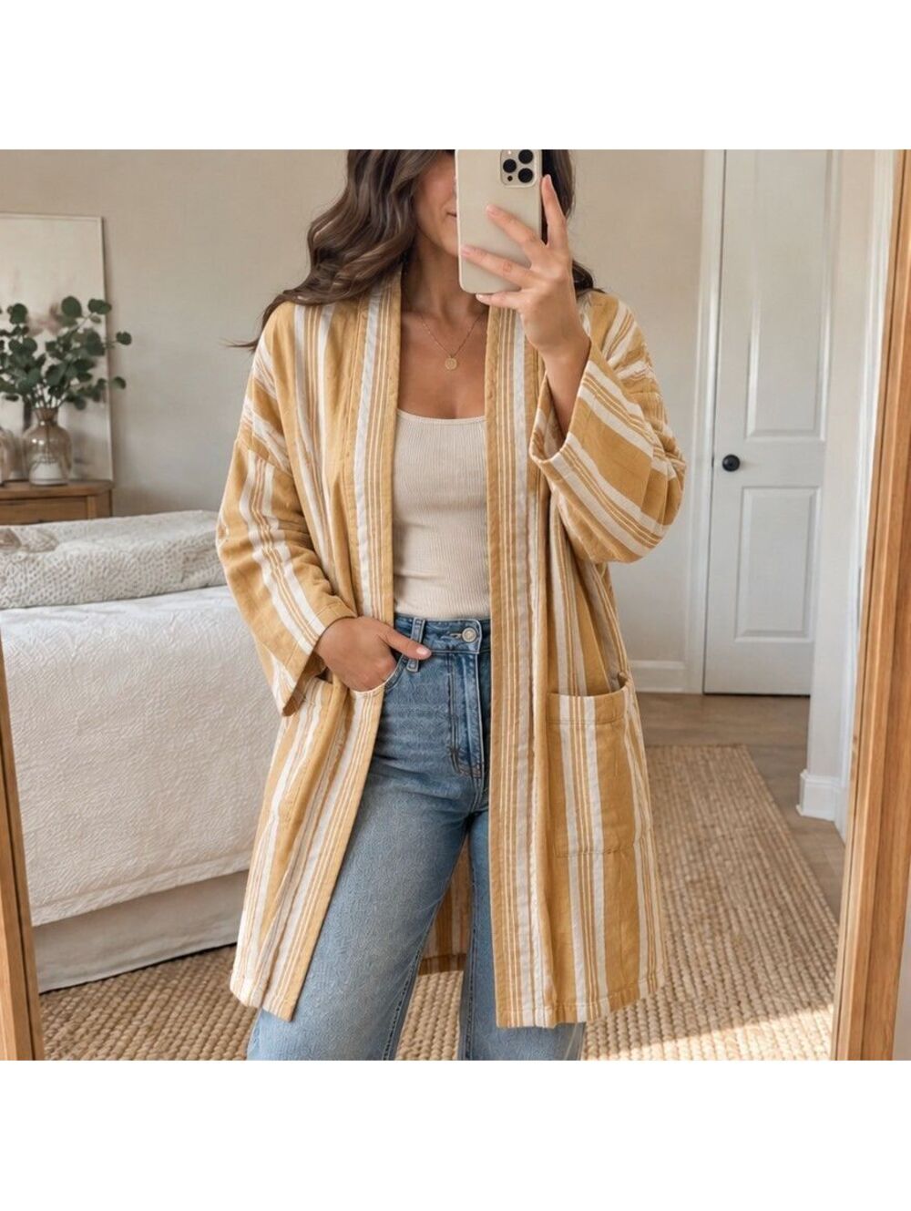 EILEEN FISHER 100% Organic Cotton Striped Open Front Cardigan Kimono